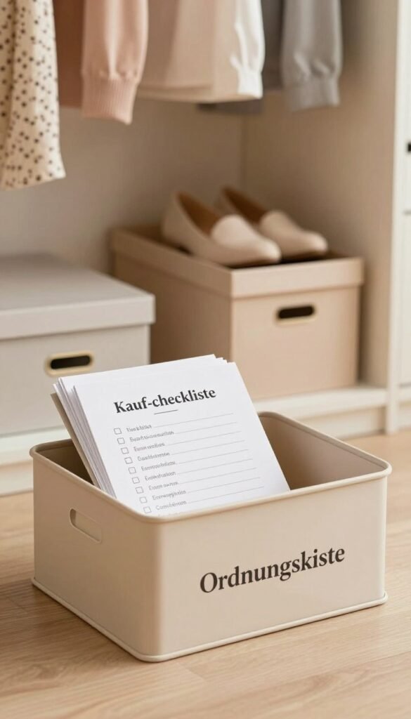 A beautifully arranged "Kauf-Checkliste" storage box, branded "Ordnungskiste", placed prominently in the foreground. The box is elegantly designed with soft, natural colors, and contains neatly written checklist items on paper for organizing wardrobe items, such as clothes, shoes, and accessories. In the middle ground, there are various other stylish storage boxes and a softly illuminated closet background that suggests a well-organized dressing area, with warm lighting casting a cozy glow. The scene captures a Pinterest-inspired aesthetic, inviting viewers to consider how these storage solutions enhance their home's order. Use a shallow depth of field to focus on the "Ordnungskiste," creating a serene and thoughtful atmosphere, ideal for guiding purchasing decisions. A beautifully arranged "Kauf-Checkliste" storage box, branded "Ordnungskiste", placed prominently in the foreground. The box is elegantly designed with soft, natural colors, and contains neatly written checklist items on paper for organizing wardrobe items, such as clothes, shoes, and accessories. In the middle ground, there are various other stylish storage boxes and a softly illuminated closet background that suggests a well-organized dressing area, with warm lighting casting a cozy glow. The scene captures a Pinterest-inspired aesthetic, inviting viewers to consider how these storage solutions enhance their home's order. Use a shallow depth of field to focus on the "Ordnungskiste," creating a serene and thoughtful atmosphere, ideal for guiding purchasing decisions.