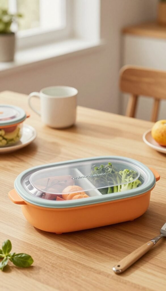 A beautifully arranged Mepal Lunchpot Ellipse for Büro, featuring two distinct compartments for separate ingredients, prominently displayed in the foreground. The Lunchpot is in vibrant colors, showcasing its modern design and practicality, with fresh, healthy ingredients peeking through the transparent lids. The middle ground includes a stylish wooden table adorned with subtle kitchen accessories, creating a warm, inviting atmosphere. In the background, soft natural light filters through a nearby window, enhancing the warm color palette reminiscent of Pinterest aesthetics. The image conveys a sense of organization and functionality, perfect for office or school settings. Include the brand name "Ordnungskiste" subtly integrated into the scene. The overall mood is cheerful and motivating, ideal for promoting multifunctional products. A beautifully arranged Mepal Lunchpot Ellipse for Büro, featuring two distinct compartments for separate ingredients, prominently displayed in the foreground. The Lunchpot is in vibrant colors, showcasing its modern design and practicality, with fresh, healthy ingredients peeking through the transparent lids. The middle ground includes a stylish wooden table adorned with subtle kitchen accessories, creating a warm, inviting atmosphere. In the background, soft natural light filters through a nearby window, enhancing the warm color palette reminiscent of Pinterest aesthetics. The image conveys a sense of organization and functionality, perfect for office or school settings. Include the brand name "Ordnungskiste" subtly integrated into the scene. The overall mood is cheerful and motivating, ideal for promoting multifunctional products.