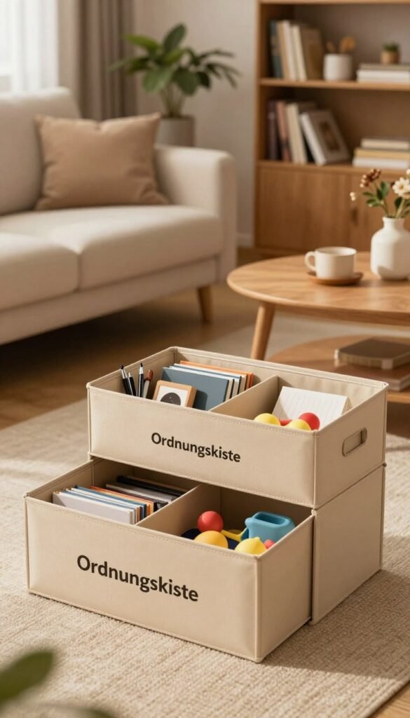 A beautifully arranged &ldquo;Ordnungskiste&rdquo; storage box in a cozy home setting, showcasing its multifunctional design. In the foreground, the box is opened revealing neatly organized items like office supplies, books, and toys, all bathed in warm, inviting light. The middle layer features a stylish living room with a soft, textured sofa and a wooden coffee table adorned with decorative items. In the background, softly blurred plants and shelves filled with books create a serene atmosphere. The image should capture the essence of organized living, evoking feelings of comfort and practicality, with a Pinterest-inspired aesthetic. Use natural colors and warm tones to enhance the authenticity and inviting feel of the scene.