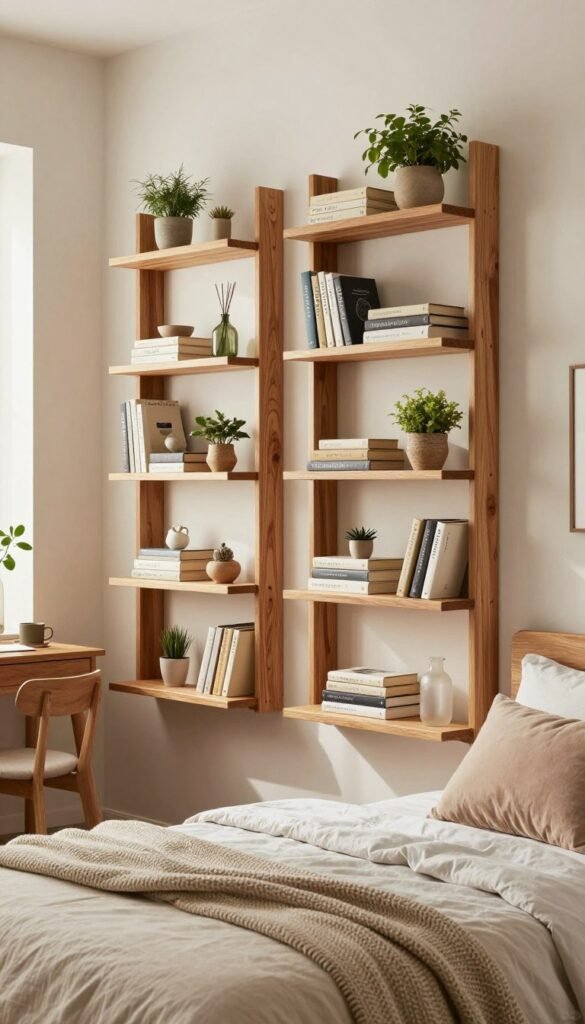 A beautifully arranged bedroom featuring innovative wall-mounted shelves for vertical storage, emphasizing space-saving solutions. The wandregale are crafted from natural wood with a warm finish, showcasing neatly arranged books, indoor plants, and decorative items. In the foreground, a cozy bed with soft linens and a textured throw adds comfort. The middle ground highlights the stylish shelving unit, accompanied by a small workspace on one side. The background reveals a softly lit room with natural light streaming in through a window, enhancing the inviting atmosphere. The overall composition conveys an authentic Pinterest-inspired aesthetic, emphasizing organization and functionality, while featuring the brand name "Ordnungskiste" subtly integrated into the design without any text on the image.