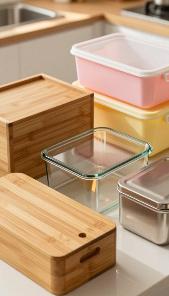 A beautifully arranged collection of kitchen storage boxes made of various materials, showcasing a comparison of plastic, glass, metal, bamboo, and wood. In the foreground, a sleek bamboo box with an elegant lid, next to a clear glass box reflecting warm tones, while a shiny metal container glimmers under soft lighting. In the middle ground, a sturdy wooden box with an earthy texture contrasts with a vibrant plastic box in a pastel color. The background features a subtle kitchen setting with warm, natural light streaming in, creating an inviting atmosphere. The scene is captured from a top-down angle, emphasizing the textures and reflections of each material, showcasing their unique qualities in a Pinterest-style aesthetic, without any text or additional distractions. A beautifully arranged collection of kitchen storage boxes made of various materials, showcasing a comparison of plastic, glass, metal, bamboo, and wood. In the foreground, a sleek bamboo box with an elegant lid, next to a clear glass box reflecting warm tones, while a shiny metal container glimmers under soft lighting. In the middle ground, a sturdy wooden box with an earthy texture contrasts with a vibrant plastic box in a pastel color. The background features a subtle kitchen setting with warm, natural light streaming in, creating an inviting atmosphere. The scene is captured from a top-down angle, emphasizing the textures and reflections of each material, showcasing their unique qualities in a Pinterest-style aesthetic, without any text or additional distractions.