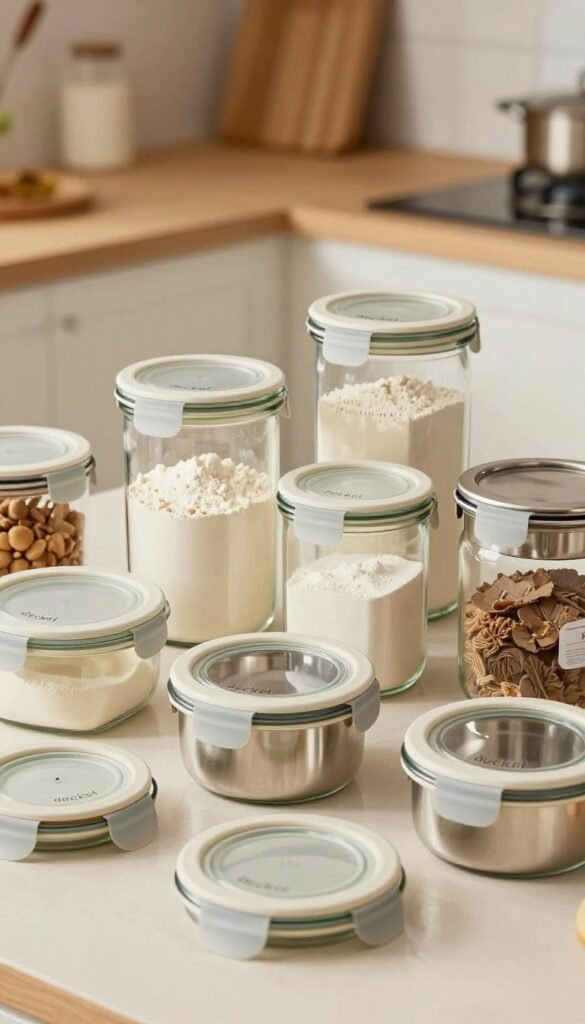 A beautifully arranged collection of kitchen storage containers, specifically showcasing a variety of "deckel" (lids), each crafted from high-quality materials like glass and stainless steel. The foreground features a selection of lids with different sizes and shapes, emphasizing their airtight seals and practical design. In the middle, neatly organized glass jars filled with flour and baking ingredients are displayed, with the lids slightly ajar to suggest accessibility. The background consists of a soft-focus kitchen with warm, inviting lighting, enhancing the overall cozy atmosphere. The image captures a sense of orderliness and functionality, appealing to those interested in organization for baking essentials. The brand name "Ordnungskiste" is subtly included on one of the jars, maintaining the natural, Pinterest-like aesthetic without any text overlays. A beautifully arranged collection of kitchen storage containers, specifically showcasing a variety of "deckel" (lids), each crafted from high-quality materials like glass and stainless steel. The foreground features a selection of lids with different sizes and shapes, emphasizing their airtight seals and practical design. In the middle, neatly organized glass jars filled with flour and baking ingredients are displayed, with the lids slightly ajar to suggest accessibility. The background consists of a soft-focus kitchen with warm, inviting lighting, enhancing the overall cozy atmosphere. The image captures a sense of orderliness and functionality, appealing to those interested in organization for baking essentials. The brand name "Ordnungskiste" is subtly included on one of the jars, maintaining the natural, Pinterest-like aesthetic without any text overlays.