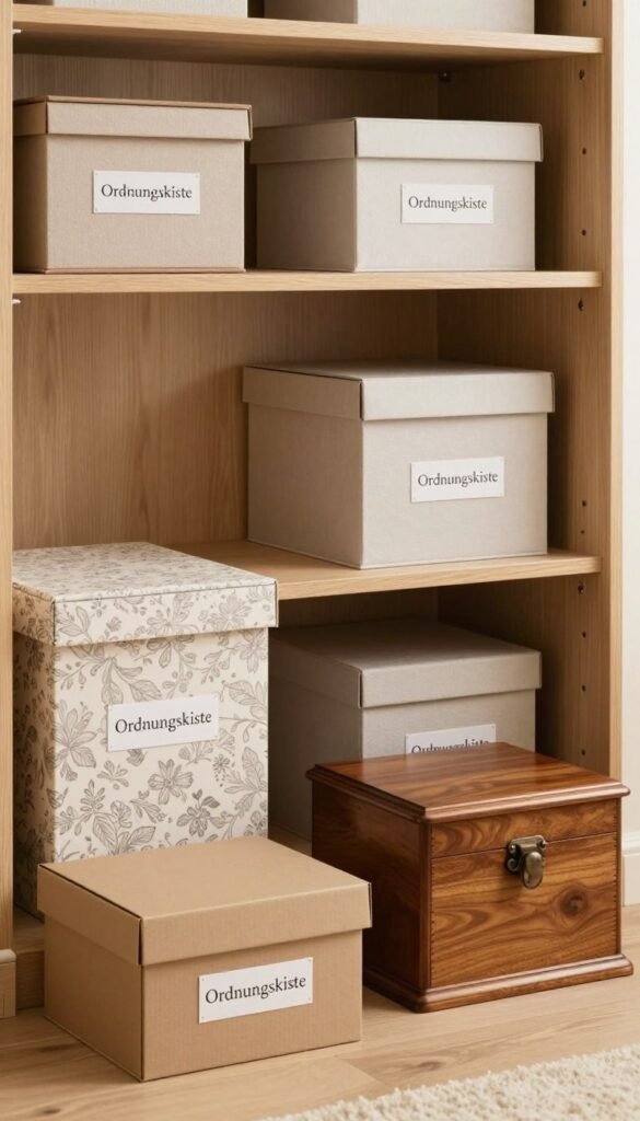 A beautifully arranged collection of storage boxes labeled “Ordnungskiste,” showcasing varying designs and sizes suitable for a wardrobe. In the foreground, feature a sleek, minimalist low-cost box made of recycled cardboard, next to an elegant mid-range fabric box with a delicate pattern. A luxurious high-end wooden box gleams softly in the light, crafted with exquisite details. The middle ground includes a cozy, well-organized closet with open shelves displaying these boxes, creating an inviting atmosphere. The background features natural wood textures and soft, warm lighting to evoke a Pinterest-worthy aesthetic. The composition should feel harmonious and practical, capturing the mood of stylish organization in a home. A beautifully arranged collection of storage boxes labeled “Ordnungskiste,” showcasing varying designs and sizes suitable for a wardrobe. In the foreground, feature a sleek, minimalist low-cost box made of recycled cardboard, next to an elegant mid-range fabric box with a delicate pattern. A luxurious high-end wooden box gleams softly in the light, crafted with exquisite details. The middle ground includes a cozy, well-organized closet with open shelves displaying these boxes, creating an inviting atmosphere. The background features natural wood textures and soft, warm lighting to evoke a Pinterest-worthy aesthetic. The composition should feel harmonious and practical, capturing the mood of stylish organization in a home.