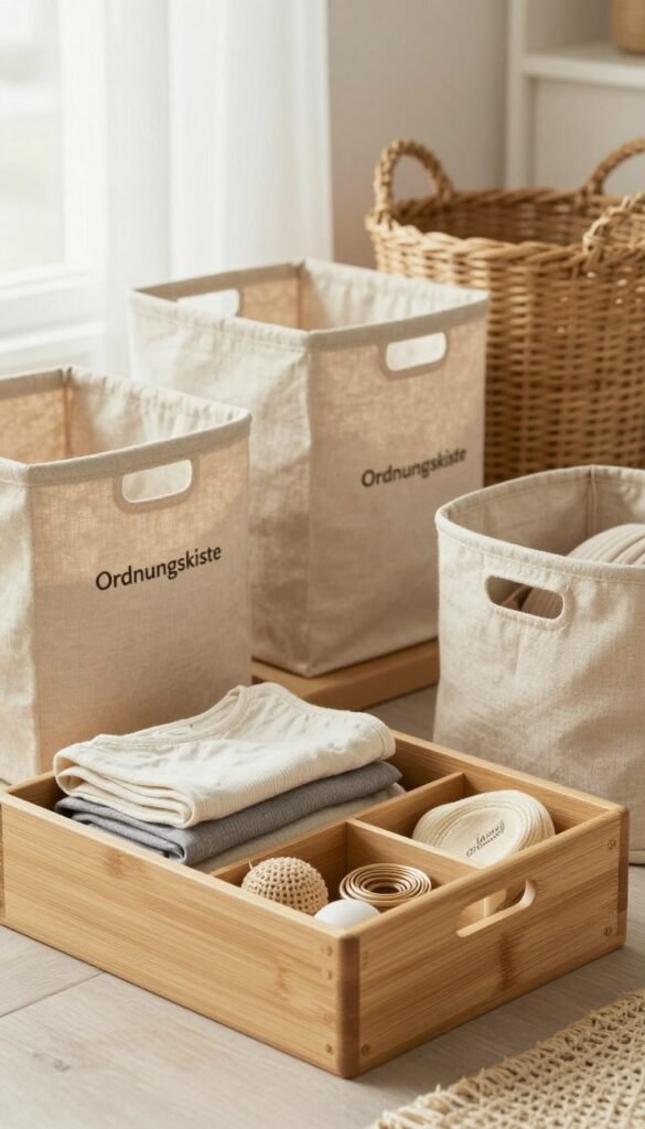 A beautifully arranged collection of sustainable storage solutions from the brand "Ordnungskiste", showcasing various organizers made from eco-friendly materials like bamboo, recycled plastic, and natural fibers. In the foreground, display a stylish wooden organizer filled with neatly folded clothes and accessories. In the middle ground, feature a set of fabric bins and woven baskets, conveying a warm and inviting home atmosphere. The background includes a softly lit, stylish room with natural light filtering through sheer curtains, enhancing the earthy tones of the materials. Capture this scene with a shallow depth of field to emphasize the organizers and create a cozy, Pinterest-inspired aesthetic, evoking a sense of sustainability and harmony in family organization.
