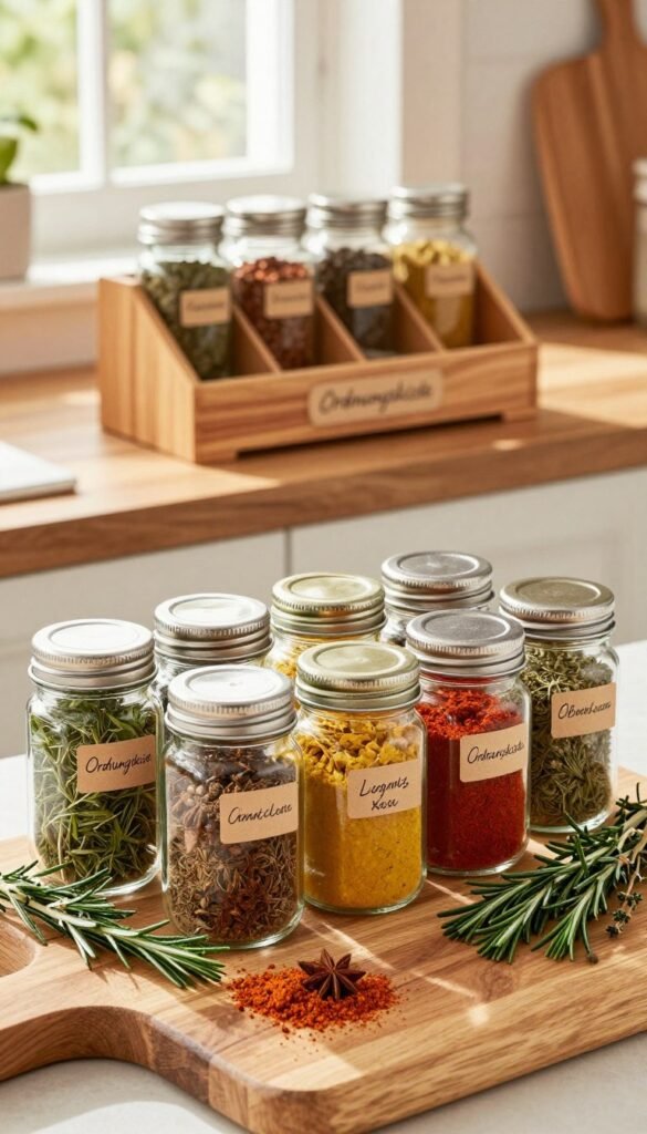 A beautifully arranged collection of various spices, showcasing a vibrant and colorful display. In the foreground, a wooden cutting board is filled with jars of herbs and spices, each labeled with elegant, handwritten tags for clarity. Freshly ground spices scatter beside the jars, while sprigs of rosemary and thyme add a touch of greenery. In the middle, a stylish spice rack sits elegantly on a kitchen countertop, featuring warm wooden tones and organized compartments. The background features soft, natural light streaming through a window, creating a warm and inviting atmosphere. The entire scene should evoke a sense of aromatic chaos that transforms into harmony, reflecting the theme of kitchen order. Include the brand name "Ordnungskiste" subtly integrated into the spice rack design.