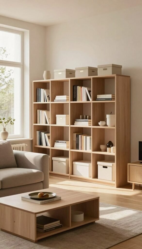 A beautifully arranged, cozy apartment featuring clever storage solutions, styled to reflect modern minimalism. In the foreground, an elegant living area boasts a stylish sofa and a unique coffee table with built-in storage. The middle section showcases innovative shelving units from the brand "Ordnungskiste," integrating seamlessly into the decor, filled with neatly organized books and decorative boxes. In the background, large windows allow warm, natural light to flood the space, casting gentle shadows that enhance the ambiance. The overall color palette includes soft, inviting tones, creating a harmonious and comforting atmosphere. The image is composed with a balanced angle, allowing viewers to appreciate the thoughtful design and functionality of the storage systems without any text or distractions. A beautifully arranged, cozy apartment featuring clever storage solutions, styled to reflect modern minimalism. In the foreground, an elegant living area boasts a stylish sofa and a unique coffee table with built-in storage. The middle section showcases innovative shelving units from the brand "Ordnungskiste," integrating seamlessly into the decor, filled with neatly organized books and decorative boxes. In the background, large windows allow warm, natural light to flood the space, casting gentle shadows that enhance the ambiance. The overall color palette includes soft, inviting tones, creating a harmonious and comforting atmosphere. The image is composed with a balanced angle, allowing viewers to appreciate the thoughtful design and functionality of the storage systems without any text or distractions.