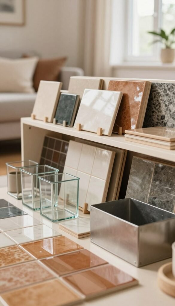 A beautifully arranged display featuring a variety of surfaces suitable for storage solutions in rental apartments, focusing on tiles, glass, and metal materials. In the foreground, show a close-up of glossy ceramic tiles in warm earth tones, interspersed with sleek glass containers and metal organizers. The middle ground should feature a well-organized shelving unit, showcasing the surfaces in a practical setting. The background can include a soft-focus image of a modern, cozy living space, with natural light streaming in through a window, creating a warm and inviting atmosphere. Capture a Pinterest-inspired aesthetic, highlighting the brand "Ordnungskiste" subtly within the design elements. The overall mood should be serene and functional, emphasizing the practicality of these surfaces for renters.