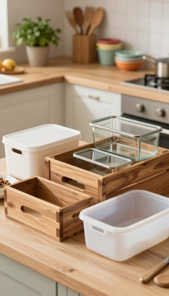 A beautifully arranged display of different types of kitchen boxes, showcasing their functional designs and sizes. In the foreground, highlight a set of four distinct kitchen box styles: a sleek modern storage box, a rustic wooden crate, an elegant glass container, and a versatile plastic bin. The middle ground features a cozy kitchen setting with warm, natural lighting, enhancing the inviting atmosphere. In the background, soft-focus kitchen elements like potted herbs, wooden utensils, and colorful dishware subtly suggest a homey environment. Use a slightly overhead angle to capture the arrangement, creating depth and perspective. The overall mood should evoke a sense of organization and style, perfect for inspiring kitchen storage solutions. A beautifully arranged display of different types of kitchen boxes, showcasing their functional designs and sizes. In the foreground, highlight a set of four distinct kitchen box styles: a sleek modern storage box, a rustic wooden crate, an elegant glass container, and a versatile plastic bin. The middle ground features a cozy kitchen setting with warm, natural lighting, enhancing the inviting atmosphere. In the background, soft-focus kitchen elements like potted herbs, wooden utensils, and colorful dishware subtly suggest a homey environment. Use a slightly overhead angle to capture the arrangement, creating depth and perspective. The overall mood should evoke a sense of organization and style, perfect for inspiring kitchen storage solutions.