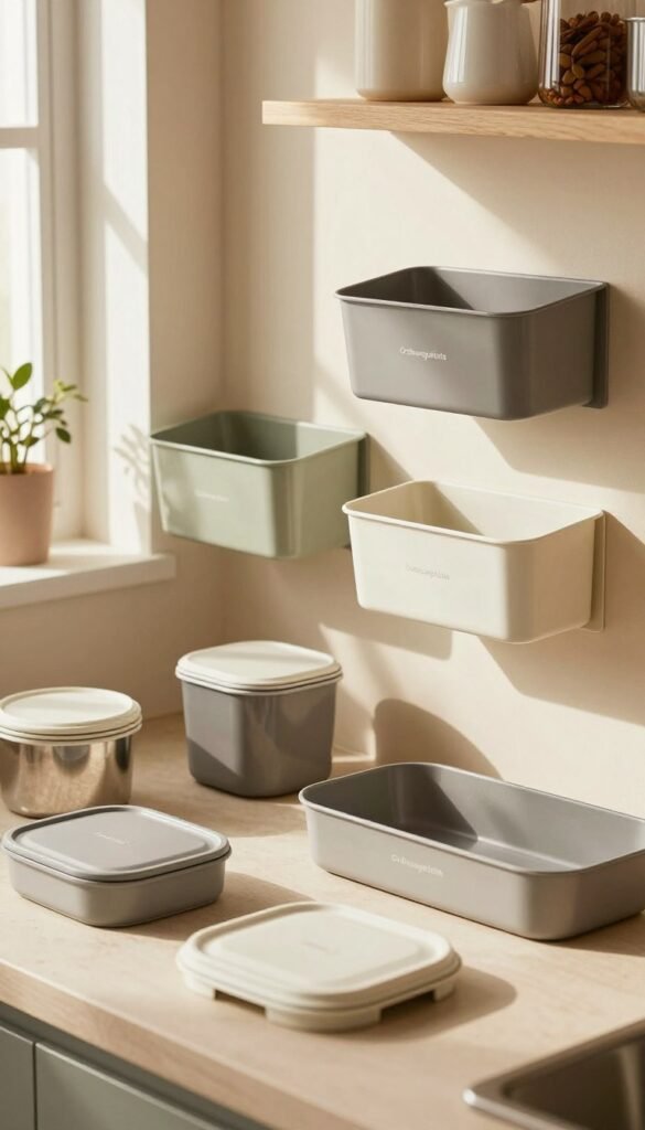 A beautifully arranged display of metallic and plastic kitchen storage organizers showcasing various designs and sizes. In the foreground, several sleek, modern lids and containers from the brand "Ordnungskiste" lie artistically scattered, highlighting different materials, textures, and finishes. The middle ground features wall-mounted and shelf-organizing solutions, demonstrating versatility in kitchen organization. In the background, a softly lit kitchen environment with warm colors creates a cozy atmosphere, promoting a sense of order and functionality. Gentle sunlight filters through a nearby window, casting inviting shadows and enhancing the authenticity of the scene. Capture this image using a shallow depth of field to focus on the organizers while the kitchen background remains slightly blurred, conveying a Pinterest-like aesthetic that emphasizes warmth and homeliness. A beautifully arranged display of metallic and plastic kitchen storage organizers showcasing various designs and sizes. In the foreground, several sleek, modern lids and containers from the brand "Ordnungskiste" lie artistically scattered, highlighting different materials, textures, and finishes. The middle ground features wall-mounted and shelf-organizing solutions, demonstrating versatility in kitchen organization. In the background, a softly lit kitchen environment with warm colors creates a cozy atmosphere, promoting a sense of order and functionality. Gentle sunlight filters through a nearby window, casting inviting shadows and enhancing the authenticity of the scene. Capture this image using a shallow depth of field to focus on the organizers while the kitchen background remains slightly blurred, conveying a Pinterest-like aesthetic that emphasizes warmth and homeliness.