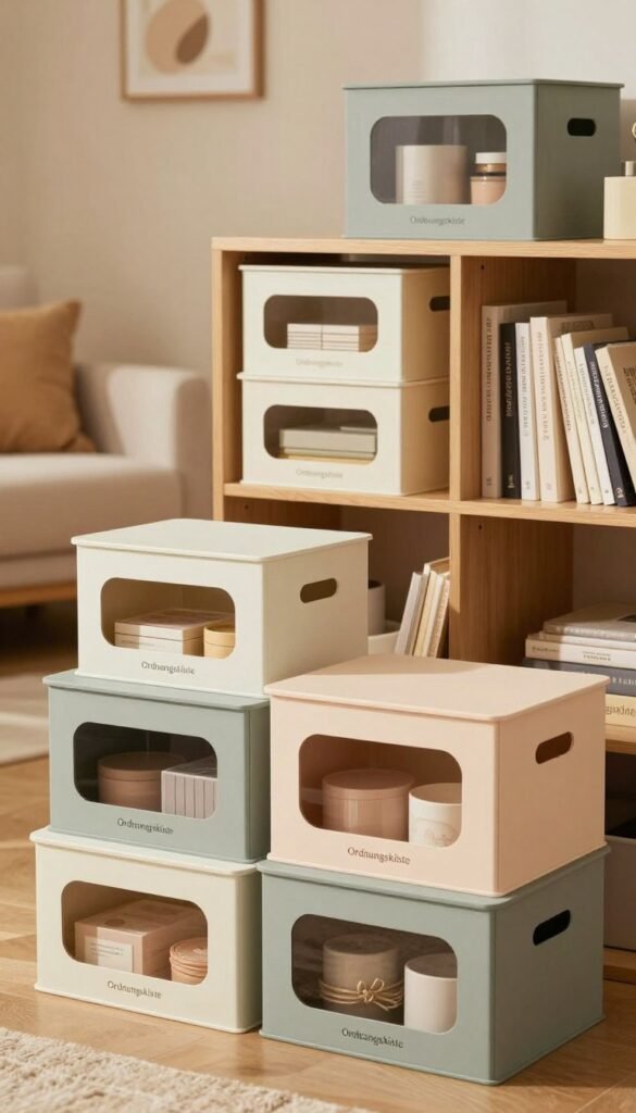 A beautifully arranged display of stackable storage boxes branded "Ordnungskiste" in a cozy, well-organized home environment. In the foreground, several sleek, modern boxes in muted pastel colors, showcasing their unique designs with transparent windows revealing neatly stored items inside. The middle ground features a stylish bookshelf or storage unit, where the boxes are artfully stacked, emphasizing their space-saving features. In the background, a softly blurred living room with warm, inviting lighting creates a comfortable atmosphere. The scene evokes a sense of order and tranquility, perfect for a home organization setup. Capture the natural vibe with warm colors and a Pinterest-inspired aesthetic, ensuring no text or markings appear in the image.