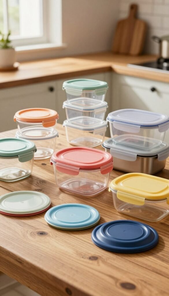 A beautifully arranged display of various food storage container lids and sizes, set on a rustic wooden table. In the foreground, showcase a variety of colorful lids in different shapes and sizes, symbolizing diverse storage options. The middle ground features an assortment of clear and opaque food storage boxes in various materials—plastic, glass, and stainless steel—arranged artfully. In the background, a softly lit kitchen environment is visible, with natural light streaming in through a window, creating a warm and inviting atmosphere. The overall mood is cozy and practical, emphasizing organization and efficiency in food storage. Use warm colors and soft shadows to enhance the natural feel of the scene, with a Pinterest-inspired aesthetic. Ensure the image remains clean and free from any text or branding. A beautifully arranged display of various food storage container lids and sizes, set on a rustic wooden table. In the foreground, showcase a variety of colorful lids in different shapes and sizes, symbolizing diverse storage options. The middle ground features an assortment of clear and opaque food storage boxes in various materials—plastic, glass, and stainless steel—arranged artfully. In the background, a softly lit kitchen environment is visible, with natural light streaming in through a window, creating a warm and inviting atmosphere. The overall mood is cozy and practical, emphasizing organization and efficiency in food storage. Use warm colors and soft shadows to enhance the natural feel of the scene, with a Pinterest-inspired aesthetic. Ensure the image remains clean and free from any text or branding.