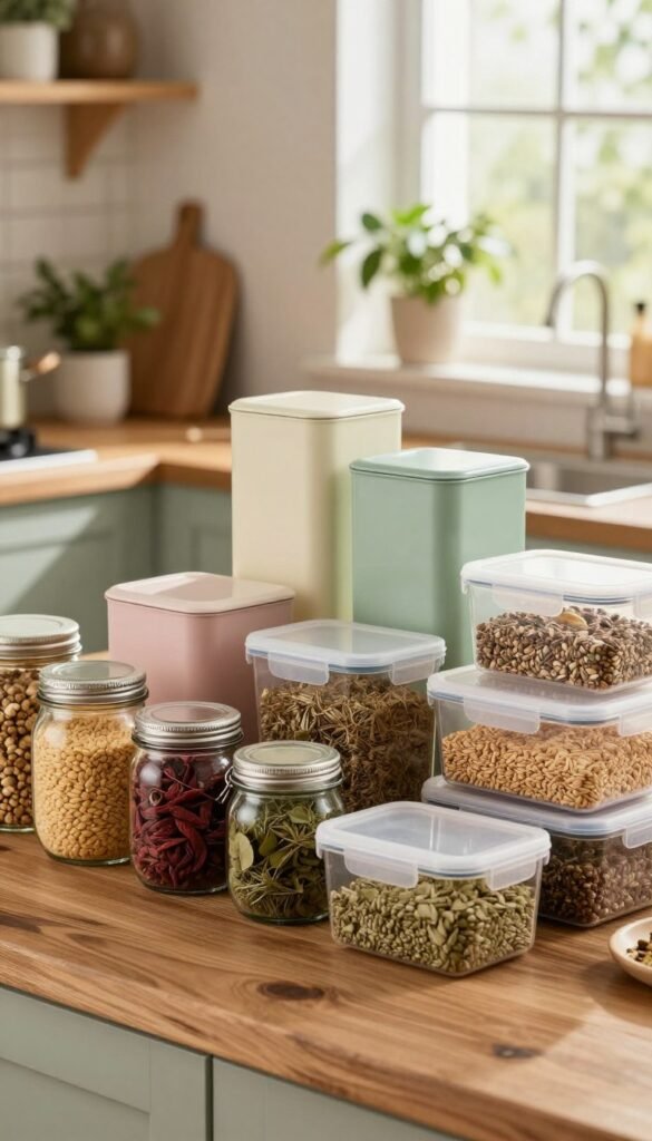 A beautifully arranged display of various food storage containers on a rustic wooden kitchen counter. In the foreground, colorful glass jars and airtight plastic boxes filled with grains, seeds, and dried herbs. The middle section showcases sleek metal containers, labeled but without text, all in harmonious pastel colors, emphasizing organization and practicality. In the background, a soft-focus view of an open kitchen with plants thriving by a sunlit window, creating a warm and inviting atmosphere. The lighting is soft and natural, with sunlight streaming in, casting gentle shadows that enhance the textures of the materials. The overall mood is calm and organized, reflecting an ideal approach to food storage. A beautifully arranged display of various food storage containers on a rustic wooden kitchen counter. In the foreground, colorful glass jars and airtight plastic boxes filled with grains, seeds, and dried herbs. The middle section showcases sleek metal containers, labeled but without text, all in harmonious pastel colors, emphasizing organization and practicality. In the background, a soft-focus view of an open kitchen with plants thriving by a sunlit window, creating a warm and inviting atmosphere. The lighting is soft and natural, with sunlight streaming in, casting gentle shadows that enhance the textures of the materials. The overall mood is calm and organized, reflecting an ideal approach to food storage.