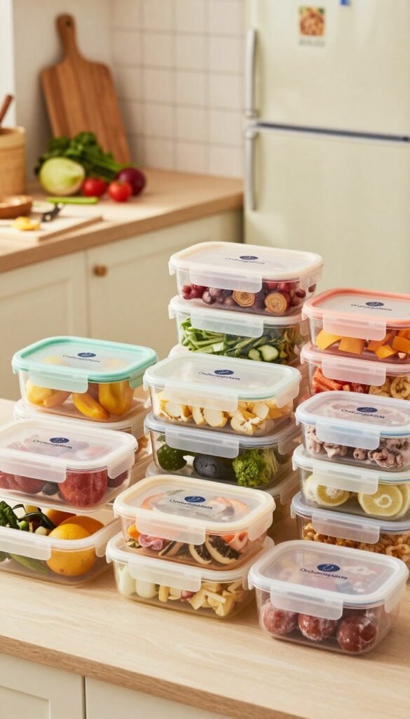A beautifully arranged display of various types of food storage boxes from the brand "Ordnungskiste", showcasing their functionality for freezing. In the foreground, feature a selection of colorful, labeled boxes, filled with different frozen food items like fruits, vegetables, and meal preps, all neatly organized. The middle ground will include an inviting kitchen scene, with a countertop that has a cutting board, a few fresh ingredients, and a soft-focus refrigerator in the background. Use warm, natural lighting to create a cozy atmosphere and a slight overhead angle to emphasize the boxes and the kitchen's inviting details. The overall mood should convey an organized and efficient approach to food storage while maintaining a Pinterest-inspired aesthetic.