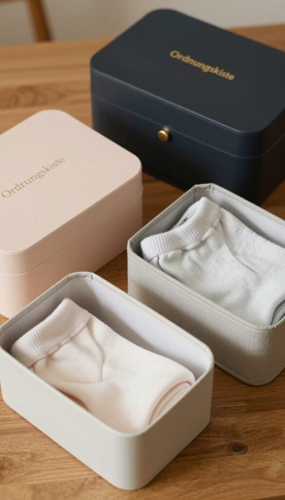 A beautifully arranged flat lay image featuring three distinct organizer boxes for underwear and socks, labeled as "Ordnungskiste" in a subtle, elegant manner. The foreground displays the low-budget option, a simple yet functional design in soft pastel colors, next to a mid-budget option with a stylish fabric finish. In the background, an upscale high-budget box boasts a luxurious design, possibly in a sophisticated dark tone with gold accents. The entire scene is bathed in warm, natural light to create a cozy atmosphere, with a soft-focus effect that adds depth. There are no distractions, just the organizers artfully arranged on a wooden surface, evoking a Pinterest-worthy aesthetic.