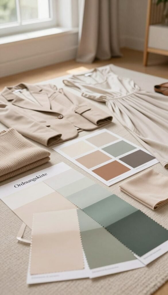 A beautifully arranged flat lay of a color palette representing a capsule wardrobe by "Ordnungskiste". The foreground features swatches of fabric in warm, natural colors&mdash;soft beige, muted greens, and gentle earth tones&mdash;perfect for versatile styling. In the middle, neatly organized clothing pieces like a tailored blazer, a flowing dress, and comfortable knitwear are spread artfully, demonstrating how each piece complements the others. In the background, a cozy, well-lit room evokes a Pinterest aesthetic, with soft, diffused natural light streaming in through a window, enhancing the inviting atmosphere. The overall mood is calm, inspiring, and harmonious, ideal for someone wanting to establish a cohesive color palette for their wardrobe.