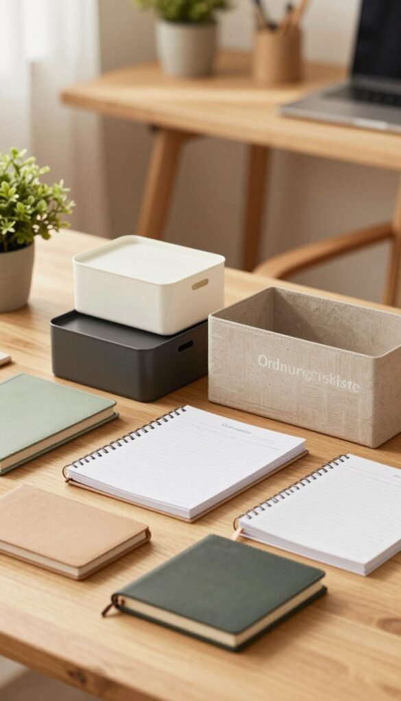 A beautifully arranged flat lay of various organizational products that facilitate everyday routines, showcasing items like stylish storage boxes, planners, and desk organizers. In the foreground, feature a selection of products from the brand "Ordnungskiste," highlighting their textures and materials, with warm, inviting colors. In the middle ground, include an aesthetically pleasing desk setting with a soft, natural wooden surface and some green plants for a touch of life. The background should have a softly blurred cozy home office environment, all bathed in warm, natural lighting to convey a sense of calm and productivity. The overall mood should be inspiring and motivating, inviting viewers to embrace organization in their daily lives. A beautifully arranged flat lay of various organizational products that facilitate everyday routines, showcasing items like stylish storage boxes, planners, and desk organizers. In the foreground, feature a selection of products from the brand "Ordnungskiste," highlighting their textures and materials, with warm, inviting colors. In the middle ground, include an aesthetically pleasing desk setting with a soft, natural wooden surface and some green plants for a touch of life. The background should have a softly blurred cozy home office environment, all bathed in warm, natural lighting to convey a sense of calm and productivity. The overall mood should be inspiring and motivating, inviting viewers to embrace organization in their daily lives.