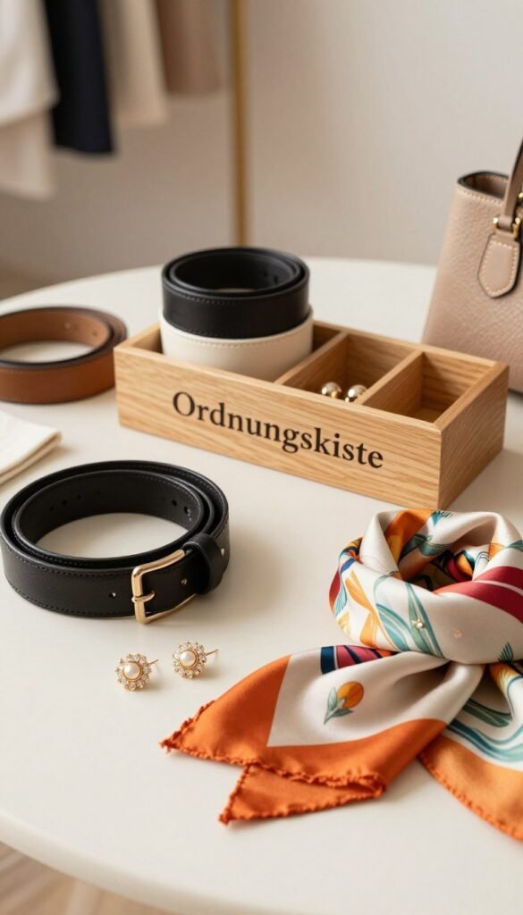 A beautifully arranged flat lay showcasing an array of stylish accessories, including neatly organized belts, chic handbags, elegant jewelry, and vibrant scarves. The foreground features a close-up of a leather belt intricately folded next to a luxurious handbag, with sparkling earrings and a silk scarf artistically draped. In the middle, a wooden organizer labeled "Ordnungskiste" holds these items, radiating a sense of order and sophistication. The background is softly blurred, hinting at a minimalist and tastefully decorated dressing area with warm, natural lighting that creates a cozy atmosphere. Use soft shadows to enhance depth, capturing a serene and inviting mood, perfect for a Pinterest-worthy aesthetic. A beautifully arranged flat lay showcasing an array of stylish accessories, including neatly organized belts, chic handbags, elegant jewelry, and vibrant scarves. The foreground features a close-up of a leather belt intricately folded next to a luxurious handbag, with sparkling earrings and a silk scarf artistically draped. In the middle, a wooden organizer labeled "Ordnungskiste" holds these items, radiating a sense of order and sophistication. The background is softly blurred, hinting at a minimalist and tastefully decorated dressing area with warm, natural lighting that creates a cozy atmosphere. Use soft shadows to enhance depth, capturing a serene and inviting mood, perfect for a Pinterest-worthy aesthetic.