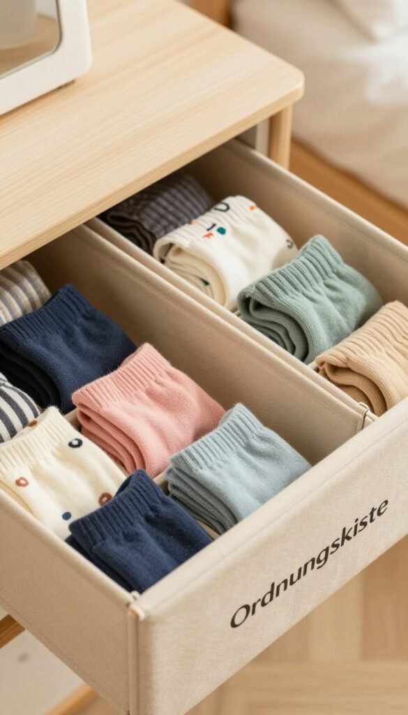 A beautifully arranged foldable drawer organizer designed for socks, featuring multiple compartments for seamless organization. In the foreground, the organizer by "Ordnungskiste" showcases an array of colorful socks neatly folded, each section displaying a different pattern and color, creating a visually appealing effect. The middle of the composition reveals the organizer itself, crafted from high-quality fabric with a soft texture and reinforced edges, set against a backdrop of a cozy bedroom setting that subtly hints at home comfort. The background includes soft wood tones and warm, diffused lighting that evokes a calm and inviting atmosphere. The image should capture a Pinterest-inspired aesthetic, focusing on simplicity and authenticity, without any text or distractions, emphasizing the elegance and practicality of the product.