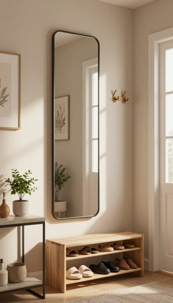 A beautifully arranged hallway featuring a stylish, full-length mirror on one wall to enhance depth and light. The mirror reflects a warm, inviting atmosphere, capturing delicate natural light streaming in from a nearby window. In the foreground, a minimalist console table holds a small plant and decorative items, reinforcing order and cleanliness. The middle section showcases a well-organized shoe rack and coat hooks, blending functionality with aesthetics. The background features soft, neutral-colored walls adorned with elegant artwork, complementing the overall ambience. The scene is bathed in warm tones reminiscent of Pinterest aesthetics, creating an authentic, cozy feel. No text or branding elements are present, allowing the focus to remain on the beautiful arrangement designed to inspire order in a small space. A beautifully arranged hallway featuring a stylish, full-length mirror on one wall to enhance depth and light. The mirror reflects a warm, inviting atmosphere, capturing delicate natural light streaming in from a nearby window. In the foreground, a minimalist console table holds a small plant and decorative items, reinforcing order and cleanliness. The middle section showcases a well-organized shoe rack and coat hooks, blending functionality with aesthetics. The background features soft, neutral-colored walls adorned with elegant artwork, complementing the overall ambience. The scene is bathed in warm tones reminiscent of Pinterest aesthetics, creating an authentic, cozy feel. No text or branding elements are present, allowing the focus to remain on the beautiful arrangement designed to inspire order in a small space.