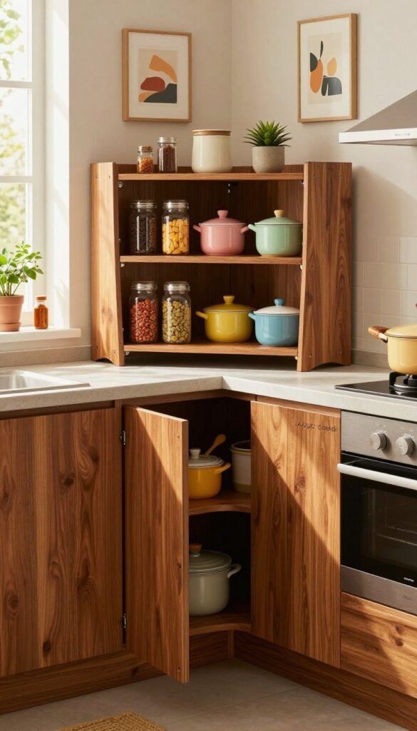 A beautifully arranged kitchen corner featuring a "Magic Corner" eckschrank by Ordnungskiste, designed for optimal access with elegantly swinging shelves. In the foreground, showcase the glossy wooden doors of the corner unit half-open, revealing an organized and colorful array of kitchen essentials like spices, pots, and utensils. The middle ground includes a sleek countertop with warm, natural lighting spilling in through a nearby window, highlighting the rich textures of the cabinets and the vibrant colors of the kitchen items. In the background, soft focus on a tastefully decorated kitchen wall adorned with tasteful artwork and plants, creating a warm, inviting ambiance. The overall atmosphere is cozy and practical, conveying a sense of clever organization and ease of access, filled with Pinterest-inspired aesthetic charm.