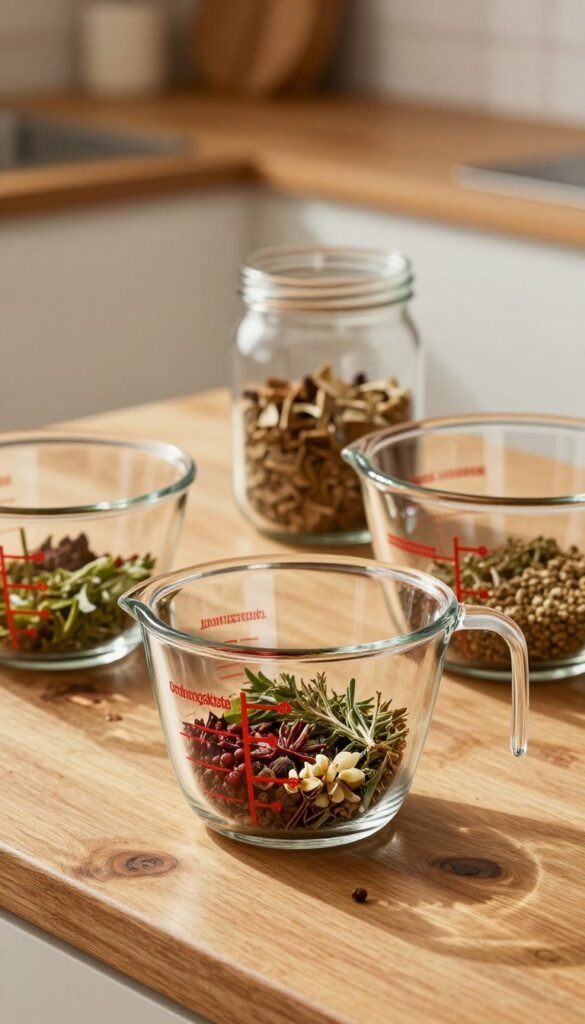 A beautifully arranged kitchen countertop featuring a variety of glass measuring cups and kitchen helpers from the brand "Ordnungskiste." In the foreground, focus on a sleek, transparent glass measuring cup filled with vibrant ingredients like herbs and spices, catching the warm midday light that creates soft reflections. In the middle ground, display additional glass utensils, such as mixing bowls and storage jars, grounded on a rustic wooden surface. The background subtly showcases a blurred kitchen scene with warm, inviting tones, emphasizing a homely atmosphere. The overall mood is authentic and cozy, with natural lighting highlighting the clarity and elegance of the glass materials.