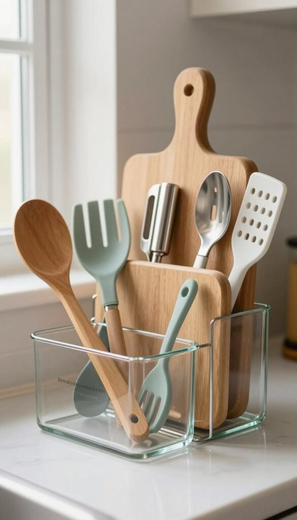 A beautifully arranged kitchen organizer display featuring "Ordnungskiste" products made of stainless steel, plastic, wood, and glass. In the foreground, focus on a sleek glass container filled with vibrant kitchen utensils, showcasing its clarity and elegance. In the middle ground, include a wooden cutting board with stainless steel and plastic kitchen tools creatively organized around it, conveying functionality and style. The background should softly blur, revealing a cozy kitchen atmosphere with natural light streaming in, enhancing the warm colors of the materials. Use soft focus to create a tranquil and inviting mood, suggesting a harmonious blend of modern design and practicality. Ensure the lighting highlights the textures of the materials, capturing an authentic Pinterest-inspired aesthetic without any text or distractions.