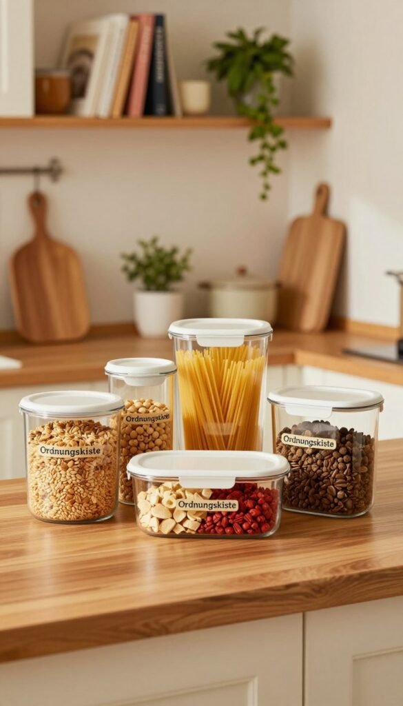 A beautifully arranged kitchen scene featuring "Ordnungskiste" storage containers on a sleek wooden countertop. In the foreground, showcase a variety of these containers in different shapes and sizes, filled with colorful ingredients like grains, pasta, and spices, all reflecting a vibrant yet organized kitchen aesthetic. The middle ground includes a cozy kitchen incorporating warm, natural lighting that enhances the colors of the containers, creating a welcoming atmosphere. The background features soft-focus kitchen shelves lined with cookbooks and herbs, complementing the overall theme of organization and efficiency. Use a shallow depth of field for a dreamy effect, capturing the essence of a well-curated culinary space, ideal for efficiency in food storage, with an authentic Pinterest-inspired look.