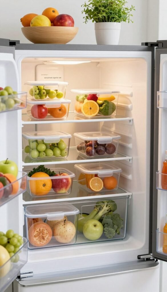 A beautifully arranged kitchen scene featuring a "kühlschrank organizer set" in a modern refrigerator. In the foreground, various clear plastic containers and baskets are neatly organized, showcasing fresh fruits, vegetables, and snacks in a visually appealing manner. The middle section reveals the interior of the refrigerator, with shelves fully stocked, emphasizing harmony and organization, highlighted by warm, natural lighting. In the background, soft-focus kitchen elements like a colorful fruit bowl and an herb planter enhance the cozy atmosphere. The scene evokes a sense of order and tranquility, ideal for inspiring viewers with the benefits of refrigerator organization. The overall aesthetic is fresh and inviting, with a Pinterest-inspired look, captured from a slight angle to showcase depth and detail.