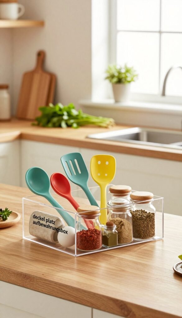 A beautifully arranged kitchen scene featuring a stylish "deckel platz aufbewahrungsbox" in the foreground. The box, made of transparent acrylic, is elegantly filled with colorful kitchen utensils and spices, showcasing its practicality. In the middle of the image, a wooden countertop is adorned with fresh herbs and a cutting board, adding a touch of rustic charm. Soft, natural lighting floods the space from a window in the background, creating a warm and inviting atmosphere. The walls are painted in soft pastels, enhancing the overall Pinterest-inspired aesthetic. The focus is on the functionality and organization of kitchen storage solutions, without any distractions or text. The image conveys a sense of harmony and efficiency in kitchen design. A beautifully arranged kitchen scene featuring a stylish "deckel platz aufbewahrungsbox" in the foreground. The box, made of transparent acrylic, is elegantly filled with colorful kitchen utensils and spices, showcasing its practicality. In the middle of the image, a wooden countertop is adorned with fresh herbs and a cutting board, adding a touch of rustic charm. Soft, natural lighting floods the space from a window in the background, creating a warm and inviting atmosphere. The walls are painted in soft pastels, enhancing the overall Pinterest-inspired aesthetic. The focus is on the functionality and organization of kitchen storage solutions, without any distractions or text. The image conveys a sense of harmony and efficiency in kitchen design.
