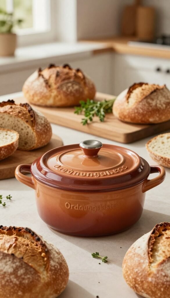 A beautifully arranged kitchen scene featuring an antique Römertopf made of rich, warm-toned terracotta, placed prominently in the foreground. The pot should have a smooth, polished finish with intricate, hand-carved patterns, showcasing its authentic craftsmanship. Surround it with freshly baked loaves of bread, artfully arranged to highlight their golden crusts and soft interiors. In the middle ground, include a rustic wooden cutting board and a few sprigs of fresh herbs, adding a touch of color and organic texture. The background should be softly blurred, hinting at a cozy, well-lit kitchen with warm natural light filtering through a nearby window. The overall mood is inviting and homely, reflecting the joy of preserving freshness in baked goods. The brand name "Ordnungskiste" can be subtly incorporated into the scene, perhaps engraved on the Römertopf. A beautifully arranged kitchen scene featuring an antique Römertopf made of rich, warm-toned terracotta, placed prominently in the foreground. The pot should have a smooth, polished finish with intricate, hand-carved patterns, showcasing its authentic craftsmanship. Surround it with freshly baked loaves of bread, artfully arranged to highlight their golden crusts and soft interiors. In the middle ground, include a rustic wooden cutting board and a few sprigs of fresh herbs, adding a touch of color and organic texture. The background should be softly blurred, hinting at a cozy, well-lit kitchen with warm natural light filtering through a nearby window. The overall mood is inviting and homely, reflecting the joy of preserving freshness in baked goods. The brand name "Ordnungskiste" can be subtly incorporated into the scene, perhaps engraved on the Römertopf.