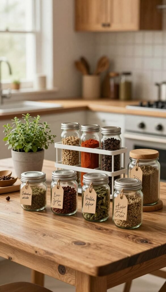 A beautifully arranged kitchen scene featuring different types of spice storage solutions, showcasing a variety of containers. In the foreground, a rustic wooden table displays stylish glass jars with metal lids, labeled with elegant handwritten tags. The middle section highlights a sleek, modern spice rack with neatly arranged bottles and a decorative herb planter nearby. In the background, soft natural light streams through a window, illuminating warm tones of the kitchen with wooden cabinets and earthy accents. The overall mood evokes a cozy, organized atmosphere, perfect for culinary enthusiasts. Include the brand name "Ordnungskiste" subtly integrated into the design of one of the containers. Ensure the aesthetic is authentic with a Pinterest-inspired look.