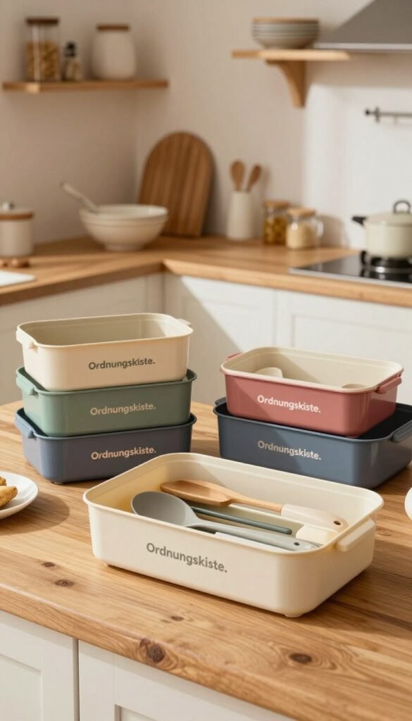A beautifully arranged kitchen scene featuring various kitchen boxes made of high-quality Kunststoff, showcasing the brand "Ordnungskiste." In the foreground, a contemporary Kunststoff box is elegantly opened, displaying neatly organized utensils and kitchen gadgets, embodying functionality and style. The middle ground highlights different sizes and colors of Kunststoff boxes, harmoniously placed on a rustic wooden countertop. The background reveals a well-lit kitchen with warm lighting, soft shadows, and a cheerful atmosphere, creating an inviting space. The kitchen walls are adorned with subtle open shelving, enhancing the Pinterest-inspired aesthetic. The image should have a natural look with warm colors, ensuring an authentic feel while avoiding any text, logos, or watermarks.