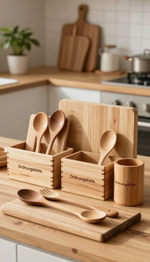 A beautifully arranged kitchen scene featuring wooden kitchen helpers, such as spoons, cutting boards, and storage containers, all branded with "Ordnungskiste." In the foreground, a rustic wooden cutting board holds various kitchen utensils, artfully displayed. The middle ground includes neatly organized wooden storage boxes, showcasing their functionality and style. The background reveals a softly lit kitchen with natural materials, plants, and warm earthy tones, creating a cozy and inviting atmosphere. Emphasize natural lighting that casts gentle shadows, evoking a peaceful, eco-friendly vibe. The overall composition should feel authentic and harmonious, capturing the essence of plastic-free kitchen solutions without any text or distractions.