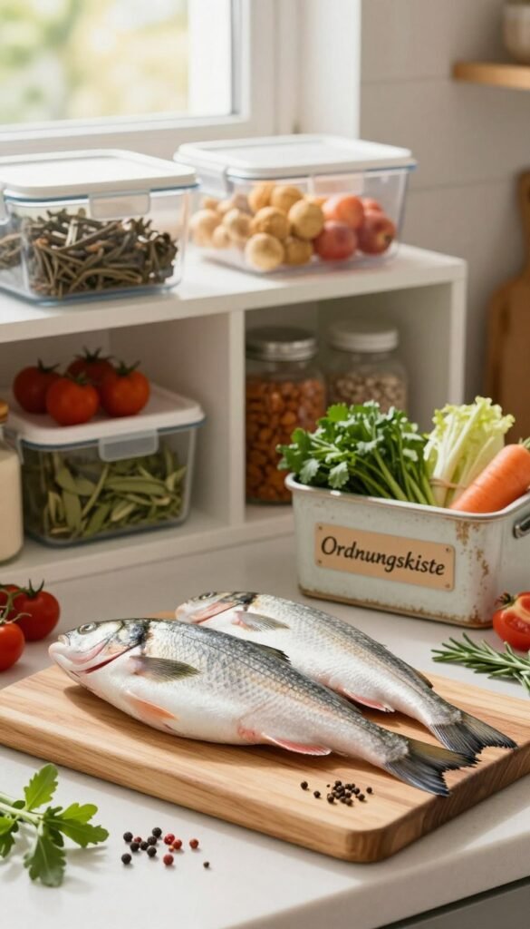 A beautifully arranged kitchen scene showcasing fresh fish as the focal point, displayed prominently on a light wooden cutting board in the foreground. Surrounding the fish, vibrant herbs and spices create a colorful composition, while a rustic container labeled "Ordnungskiste" holds additional ingredients. The middle ground features open storage solutions with clear containers neatly organizing various food items, emphasizing freshness and accessibility. In the background, soft, natural light filters through a window, casting a warm glow over the scene, enhancing the inviting atmosphere. The image captures a serene culinary space that conveys the importance of proper food storage with an authentic, Pinterest-inspired aesthetic, filled with warm tones, inviting viewers into a world of freshness and organization.