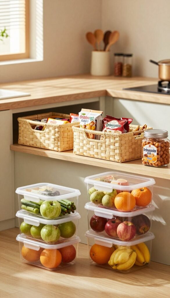 A beautifully arranged kitchen scene showcasing various "Ordnungskiste" storage products designed for visibility and organization. In the foreground, clear, stackable containers display fruits and vegetables, emphasizing their vibrant colors and freshness. The middle layer features elegant storage baskets made of natural materials, containing neatly organized snacks and pantry items. The background includes a well-organized countertop with a subtle array of kitchen tools and spices. Soft, warm lighting pours in from a nearby window, casting gentle shadows and creating a cozy, inviting atmosphere. The overall mood conveys a sense of harmony, functionality, and aesthetic appeal, ideal for showcasing effective storage solutions that enhance food visibility and inspire organization. A beautifully arranged kitchen scene showcasing various "Ordnungskiste" storage products designed for visibility and organization. In the foreground, clear, stackable containers display fruits and vegetables, emphasizing their vibrant colors and freshness. The middle layer features elegant storage baskets made of natural materials, containing neatly organized snacks and pantry items. The background includes a well-organized countertop with a subtle array of kitchen tools and spices. Soft, warm lighting pours in from a nearby window, casting gentle shadows and creating a cozy, inviting atmosphere. The overall mood conveys a sense of harmony, functionality, and aesthetic appeal, ideal for showcasing effective storage solutions that enhance food visibility and inspire organization.