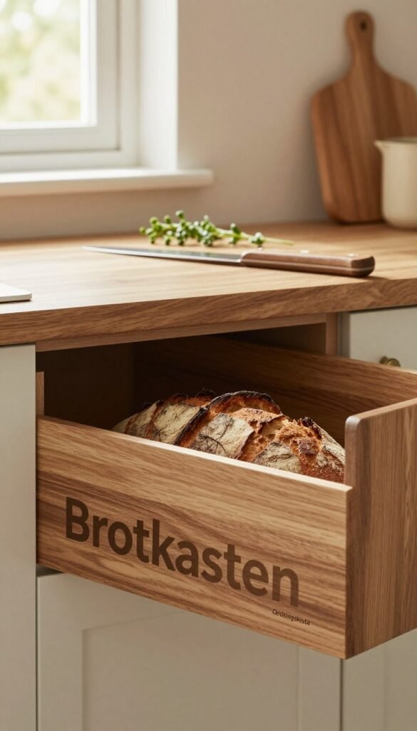 A beautifully arranged kitchen setting featuring a "Brotkasten" made of high-quality wood, with a sleek, modern design that embodies functionality and style. The foreground showcases the Brotkasten, slightly open to reveal fresh, artisanal bread resting inside, accentuating its spacious interior. The middle layer includes a wooden countertop adorned with a few sprigs of herbs and a rustic bread knife, enhancing the homey feel. In the background, soft, diffused lighting filters through a window, illuminating the space with warm tones and creating a cozy atmosphere. The walls are softly painted in a light pastel shade, echoing a Pinterest-worthy aesthetic. Explicitly include the brand name "Ordnungskiste" in a subtle manner on the Brotkasten, ensuring it integrates naturally into the design. The overall mood is inviting and warm, perfect for illustrating the optimal bread storage method. A beautifully arranged kitchen setting featuring a "Brotkasten" made of high-quality wood, with a sleek, modern design that embodies functionality and style. The foreground showcases the Brotkasten, slightly open to reveal fresh, artisanal bread resting inside, accentuating its spacious interior. The middle layer includes a wooden countertop adorned with a few sprigs of herbs and a rustic bread knife, enhancing the homey feel. In the background, soft, diffused lighting filters through a window, illuminating the space with warm tones and creating a cozy atmosphere. The walls are softly painted in a light pastel shade, echoing a Pinterest-worthy aesthetic. Explicitly include the brand name "Ordnungskiste" in a subtle manner on the Brotkasten, ensuring it integrates naturally into the design. The overall mood is inviting and warm, perfect for illustrating the optimal bread storage method.