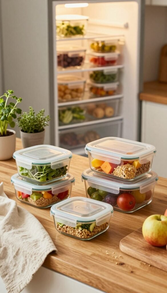 A beautifully arranged kitchen setting showcasing a selection of glass storage containers with lids, specifically from the brand "Ordnungskiste." In the foreground, focus on a few elegantly stacked containers filled with vibrant, fresh meal preps like colorful salads, grains, and fruits. The middle ground highlights a clean, wooden kitchen countertop adorned with a soft linen cloth and a few herbs in small pots, adding a touch of greenery. The background features a softly lit refrigerator with the glass containers neatly organized inside, emphasizing a plastic-free lifestyle. The lighting is warm and inviting, creating a cozy atmosphere, reminiscent of natural sunlight streaming in. Capture this scene with a slightly elevated angle, giving a comprehensive view while maintaining a Pinterest-inspired aesthetic, rich in earthy tones and authentic textures.
