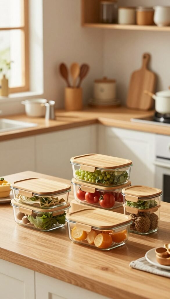A beautifully arranged kitchen setting showcasing a variety of kitchen box sets in warm, inviting colors. In the foreground, several stylish kitchen containers made of glass and bamboo are neatly displayed, their lids slightly ajar to reveal fresh ingredients inside. The middle ground features a wooden countertop adorned with kitchen utensils, such as measuring cups and spoons, complementing the containers. In the background, softly blurred shelves filled with additional kitchen items create a cozy atmosphere. Natural light streams in through a nearby window, casting gentle shadows and highlighting the textures of the materials. The overall mood is one of warmth and practicality, ideal for discussing kitchen organization. A beautifully arranged kitchen setting showcasing a variety of kitchen box sets in warm, inviting colors. In the foreground, several stylish kitchen containers made of glass and bamboo are neatly displayed, their lids slightly ajar to reveal fresh ingredients inside. The middle ground features a wooden countertop adorned with kitchen utensils, such as measuring cups and spoons, complementing the containers. In the background, softly blurred shelves filled with additional kitchen items create a cozy atmosphere. Natural light streams in through a nearby window, casting gentle shadows and highlighting the textures of the materials. The overall mood is one of warmth and practicality, ideal for discussing kitchen organization.