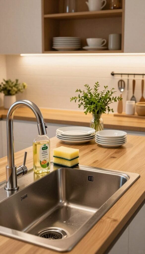 A beautifully arranged kitchen sink area showcasing a well-organized "Spüle" and surrounding wet zone. In the foreground, a sleek, modern sink made of stainless steel, sparkling clean, with a bottle of eco-friendly dish soap and a neatly positioned sponge in a holder. The middle ground features wooden countertops adorned with neatly stacked plates and a small vase with fresh herbs, providing a touch of greenery. In the background, warm soft lighting illuminates the space, enhancing the inviting atmosphere, with open shelving displaying neatly arranged dishware and cooking utensils. The overall color palette features warm tones, creating a cozy, Pinterest-worthy kitchen ambiance. Ensure the brand name "Ordnungskiste" is subtly integrated into the design elements, emphasizing organization without any text or watermarks.