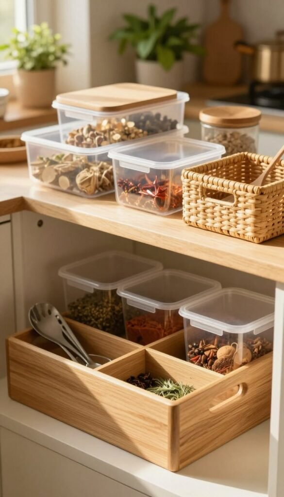 A beautifully arranged kitchen storage box selection, featuring a variety of storage solutions in natural wood, woven, and transparent plastic materials. In the foreground, focus on a stylish, practical storage box with compartments filled with spices and kitchen utensils. The middle layer displays additional storage options, like organized containers and baskets, showcasing different sizes and shapes. The background reveals a softly lit kitchen setting, with warm, inviting colors and a hint of greenery from potted herbs. A cozy, Pinterest-inspired atmosphere emphasizes functionality and aesthetics. The lighting is warm and natural, simulating a sunny morning glow, captured with a slightly blurred depth of field to draw attention to the storage boxes while maintaining a homey feel. A beautifully arranged kitchen storage box selection, featuring a variety of storage solutions in natural wood, woven, and transparent plastic materials. In the foreground, focus on a stylish, practical storage box with compartments filled with spices and kitchen utensils. The middle layer displays additional storage options, like organized containers and baskets, showcasing different sizes and shapes. The background reveals a softly lit kitchen setting, with warm, inviting colors and a hint of greenery from potted herbs. A cozy, Pinterest-inspired atmosphere emphasizes functionality and aesthetics. The lighting is warm and natural, simulating a sunny morning glow, captured with a slightly blurred depth of field to draw attention to the storage boxes while maintaining a homey feel.