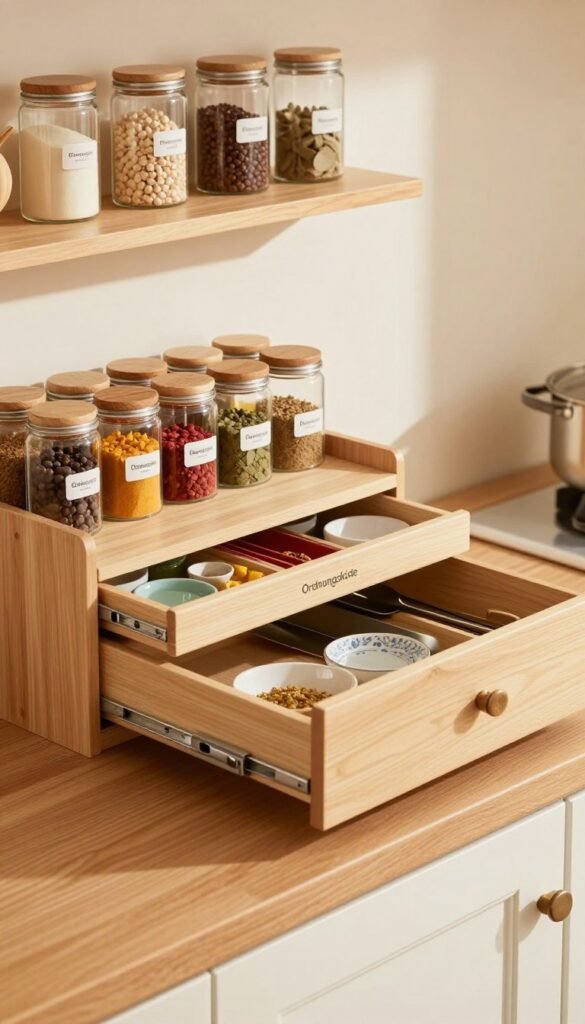 A beautifully arranged kitchen storage scene showcasing "Ordnungskiste" products. The foreground features a wooden kitchen counter with an open spice organizer, displaying various colorful spices in labeled jars. In the middle, a sleek drawer is partially open, revealing neatly organized utensils and small containers, creating a sense of order and functionality. In the background, a modern kitchen shelf holds decorative items and additional spice jars, integrated seamlessly with a warm and inviting atmosphere. Soft natural lighting gently illuminates the scene, enhancing the warm color palette with earthy tones. The overall mood is cozy and organized, capturing the essence of an efficient kitchen space without any text or overlays.