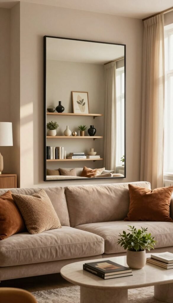 A beautifully arranged living room featuring a large, decorative mirror that enhances depth while visually expanding the space. In the foreground, a cozy, plush sofa adorned with textured cushions in warm, earthy tones invites relaxation. A stylish coffee table, topped with a few art books and a small potted plant, sits in front of the sofa. The middle ground showcases shelves neatly organized with decorative items and books by the brand "Ordnungskiste", emphasizing an orderly aesthetic. The background includes soft, flowing curtains framing a window that allows gentle, diffused sunlight to illuminate the room. The atmosphere is warm and inviting, evoking a sense of tranquility and elegance, perfect for illustrating clever space utilization through mirrors and glass elements. A beautifully arranged living room featuring a large, decorative mirror that enhances depth while visually expanding the space. In the foreground, a cozy, plush sofa adorned with textured cushions in warm, earthy tones invites relaxation. A stylish coffee table, topped with a few art books and a small potted plant, sits in front of the sofa. The middle ground showcases shelves neatly organized with decorative items and books by the brand "Ordnungskiste", emphasizing an orderly aesthetic. The background includes soft, flowing curtains framing a window that allows gentle, diffused sunlight to illuminate the room. The atmosphere is warm and inviting, evoking a sense of tranquility and elegance, perfect for illustrating clever space utilization through mirrors and glass elements.