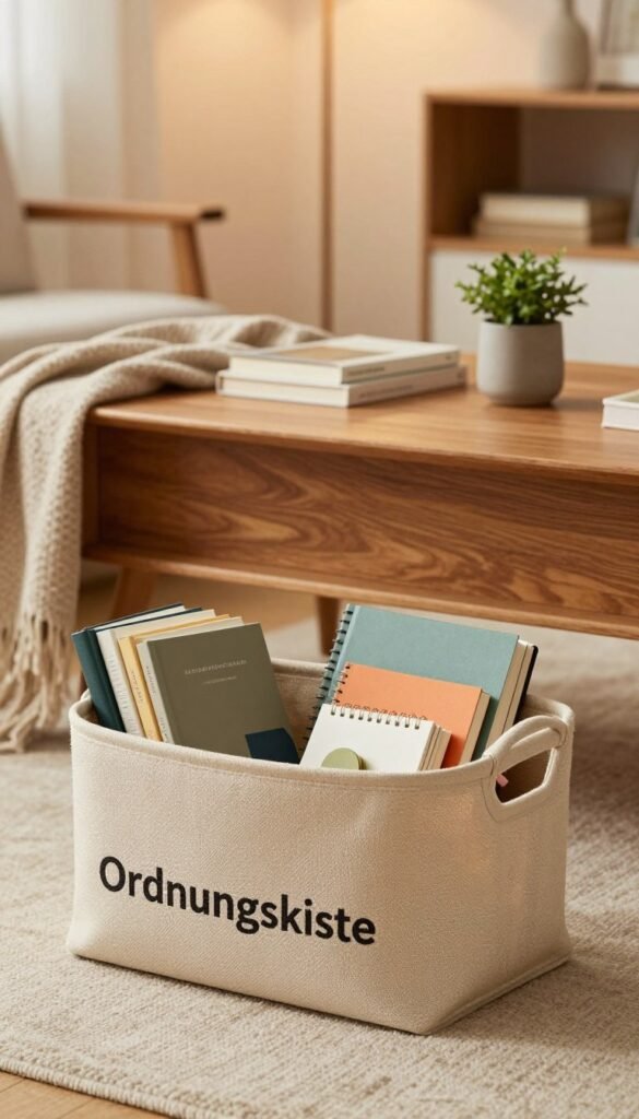 A beautifully arranged living space featuring a "Ordnungskiste" storage basket, showcasing an aesthetically pleasing and organized environment. In the foreground, the basket is filled with neatly stacked books, colorful notebooks, and small decorative objects that reflect a modern, minimalist design. The middle ground features a stylish wooden table with a warm, inviting texture, adorned with a soft throw and a small potted plant, adding a touch of nature. In the background, a softly lit room with ambient lighting and neutral-toned walls enhances the cozy atmosphere. The overall composition evokes a sense of calm, order, and practicality, perfect for illustrating everyday organization routines. The colors are warm and natural, inspired by Pinterest aesthetics, capturing authenticity without any text or overlays. A beautifully arranged living space featuring a "Ordnungskiste" storage basket, showcasing an aesthetically pleasing and organized environment. In the foreground, the basket is filled with neatly stacked books, colorful notebooks, and small decorative objects that reflect a modern, minimalist design. The middle ground features a stylish wooden table with a warm, inviting texture, adorned with a soft throw and a small potted plant, adding a touch of nature. In the background, a softly lit room with ambient lighting and neutral-toned walls enhances the cozy atmosphere. The overall composition evokes a sense of calm, order, and practicality, perfect for illustrating everyday organization routines. The colors are warm and natural, inspired by Pinterest aesthetics, capturing authenticity without any text or overlays.