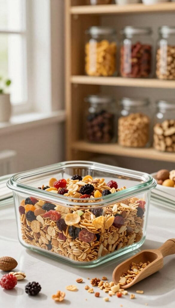 A beautifully arranged pantry scene featuring a transparent, airtight glass container filled with colorful, crunchy muesli. The foreground includes a close-up view of the container with a wooden scoop resting beside it, emphasizing the texture of the ingredients. In the middle, there are various whole nuts and dried fruits scattered artistically, adding a vibrant contrast against the earthy tones of the muesli. The background reveals a softly lit kitchen shelf, adorned with neatly organized jars of cornflakes and healthy snacks, creating a warm and inviting atmosphere. Natural light filters through a nearby window, casting gentle shadows that enhance the cozy, Pinterest-inspired aesthetic. The overall mood exudes freshness and a sense of health-conscious living.