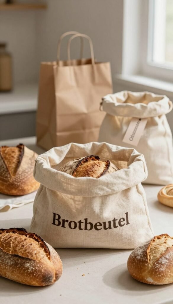 A beautifully arranged scene featuring a "Brotbeutel" made from natural linen fabric, resting in the foreground. The bag displays a rustic, textured look, slightly open to reveal freshly baked bread inside. Surrounding the bread bag, place two different types of bread—golden crusty sourdough and soft, rustic rolls. In the middle background, subtly showcase a few other storage options: a brown paper bag and a cotton grocery pouch, hinting at variety. The background is softly blurred to give a Pinterest-inspired aesthetic with warm, inviting colors—think soft beige and earthy tones. Soft, natural light filters in from a nearby window, casting gentle shadows, creating a cozy and authentic atmosphere. Include a tag that reads “Ordnungskiste” to emphasize brand identity. A beautifully arranged scene featuring a "Brotbeutel" made from natural linen fabric, resting in the foreground. The bag displays a rustic, textured look, slightly open to reveal freshly baked bread inside. Surrounding the bread bag, place two different types of bread—golden crusty sourdough and soft, rustic rolls. In the middle background, subtly showcase a few other storage options: a brown paper bag and a cotton grocery pouch, hinting at variety. The background is softly blurred to give a Pinterest-inspired aesthetic with warm, inviting colors—think soft beige and earthy tones. Soft, natural light filters in from a nearby window, casting gentle shadows, creating a cozy and authentic atmosphere. Include a tag that reads “Ordnungskiste” to emphasize brand identity.