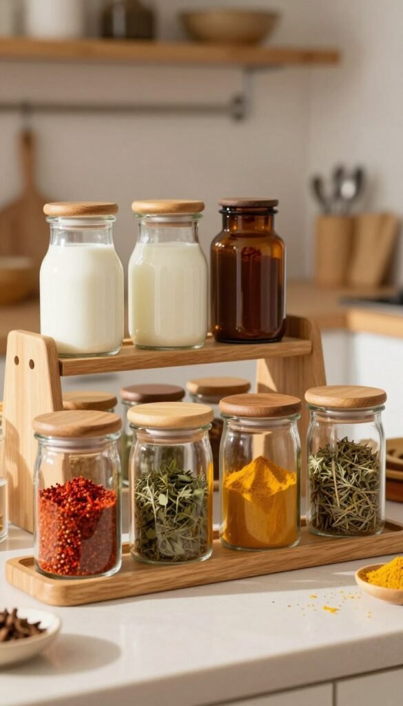 A beautifully arranged scene featuring a collection of elegant spice containers (gewürzbehälter) made from clear glass and accented with wooden lids. In the foreground, the spice jars are artistically filled with vibrant spices such as paprika, turmeric, and herbs, showcasing a rainbow of colors. In the middle ground, a stylish wooden spice rack holds the jars, complemented by a few rustic glass yogurt jars and brown glass containers designed for light protection. The background consists of a warm, softly lit kitchen environment with wooden shelves and soft textiles, enhancing a cozy, inviting atmosphere. Soft natural light filters through, casting gentle shadows and creating a harmonious ambiance, evoking a Pinterest-worthy aesthetic filled with warmth and authenticity. A beautifully arranged scene featuring a collection of elegant spice containers (gewürzbehälter) made from clear glass and accented with wooden lids. In the foreground, the spice jars are artistically filled with vibrant spices such as paprika, turmeric, and herbs, showcasing a rainbow of colors. In the middle ground, a stylish wooden spice rack holds the jars, complemented by a few rustic glass yogurt jars and brown glass containers designed for light protection. The background consists of a warm, softly lit kitchen environment with wooden shelves and soft textiles, enhancing a cozy, inviting atmosphere. Soft natural light filters through, casting gentle shadows and creating a harmonious ambiance, evoking a Pinterest-worthy aesthetic filled with warmth and authenticity.