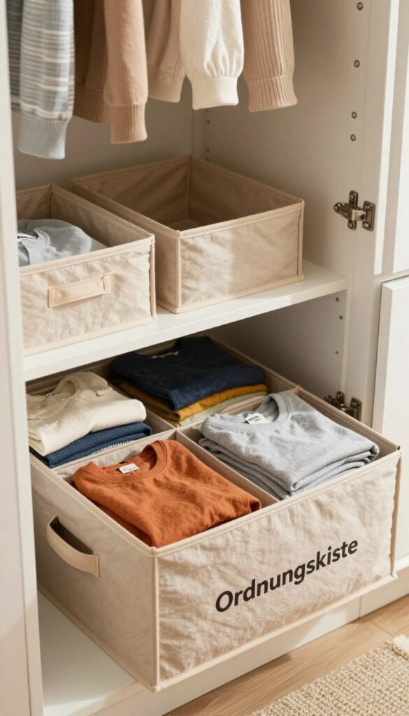 A beautifully arranged scene featuring a stylish "Ordnungskiste" storage box, ideal for laundry organization, set in a well-lit, modern wardrobe. In the foreground, the box is open, revealing neatly folded clothes organized by category, showcasing a mix of vibrant and neutral colors for a warm, inviting ambiance. The middle ground features additional storage solutions, such as baskets and compartments, cleverly designed and in harmony with the overall aesthetic. In the background, soft natural light filters through the wardrobe, enhancing the cozy, Pinterest-inspired look. The lens captures the scene from a slightly elevated angle, emphasizing structure and clarity, with a focus on the textures and materials of the storage solutions. A beautifully arranged scene featuring a stylish "Ordnungskiste" storage box, ideal for laundry organization, set in a well-lit, modern wardrobe. In the foreground, the box is open, revealing neatly folded clothes organized by category, showcasing a mix of vibrant and neutral colors for a warm, inviting ambiance. The middle ground features additional storage solutions, such as baskets and compartments, cleverly designed and in harmony with the overall aesthetic. In the background, soft natural light filters through the wardrobe, enhancing the cozy, Pinterest-inspired look. The lens captures the scene from a slightly elevated angle, emphasizing structure and clarity, with a focus on the textures and materials of the storage solutions.