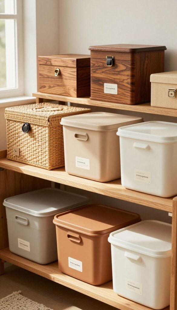 A beautifully arranged scene showcasing a variety of storage boxes from the brand "Ordnungskiste" displayed on a wooden shelf. In the foreground, warm-colored low-priced boxes made from durable plastic, featuring simple designs and labels, demonstrate budget-friendly options. The middle layer presents mid-range boxes crafted from woven materials, offering an elegant yet practical appearance, showcasing functionality. In the background, high-quality wooden boxes with intricate details and rich finishes symbolize luxury. Soft, natural light filters through a nearby window, casting gentle shadows that enhance the texture of the boxes. The atmosphere is inviting and organized, evoking a Pinterest-inspired aesthetic that feels both authentic and serene, focusing solely on the charm of the storage solutions without any text or distractions.