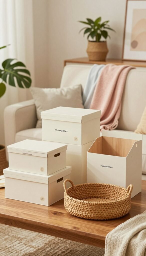 A beautifully arranged scene showcasing various multifunctional storage products from the brand "Ordnungskiste." In the foreground, highlight three to four elegant storage solutions, such as stylish boxes, woven baskets, and innovative organizers, displayed on a wooden table. The middle ground should include soft textiles, like a pastel-colored throw and a light fabric, creating a cozy atmosphere. In the background, a well-lit room with calming, warm colors and natural elements, such as potted plants and minimalistic decor, conveys a Pinterest-inspired aesthetic. The lighting should be soft and diffused, imitating natural sunlight to enhance the welcoming mood. Capture the essence of practicality and style, inviting readers to consider which storage solution fits their everyday needs. A beautifully arranged scene showcasing various multifunctional storage products from the brand "Ordnungskiste." In the foreground, highlight three to four elegant storage solutions, such as stylish boxes, woven baskets, and innovative organizers, displayed on a wooden table. The middle ground should include soft textiles, like a pastel-colored throw and a light fabric, creating a cozy atmosphere. In the background, a well-lit room with calming, warm colors and natural elements, such as potted plants and minimalistic decor, conveys a Pinterest-inspired aesthetic. The lighting should be soft and diffused, imitating natural sunlight to enhance the welcoming mood. Capture the essence of practicality and style, inviting readers to consider which storage solution fits their everyday needs.