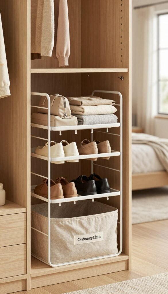 A beautifully arranged schrank organizer showcasing its versatility and functionality. In the foreground, include a stylish, modern wardrobe organizer from the brand "Ordnungskiste," featuring neatly organized shelves, hooks, and compartments for shoes, bags, and accessories. The middle ground should have a soft, muted color palette with warm lighting that highlights materials like wood and fabric, creating a cozy atmosphere. In the background, a softly blurred bedroom or hallway can suggest a calm morning routine. Use natural lighting that streams in from a nearby window to enhance the inviting feel. Aim for a Pinterest-inspired aesthetic without any text or distractions, conveying the idea of a stress-free, organized space that encourages an efficient start to the day.